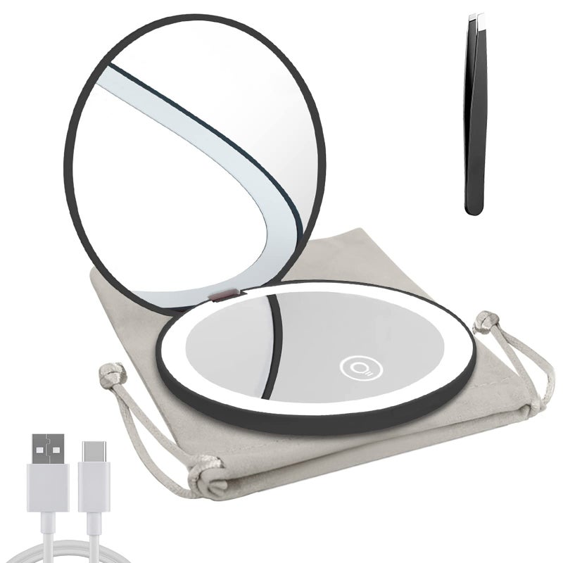 Milishow Compact Mirror with LED Light 1x/10x Magnifying Rechargeable Mirror 3.5in  Dimmable Travel Mirror for Purse Pocket Handheld 2-Sided Makeup Mirror - Image 1